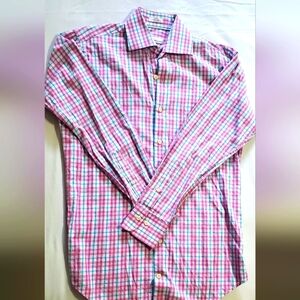 Peter Millar Men's Pink and Blue Checkered Shirt